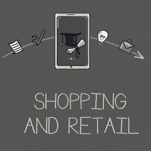 概念性手写显示购物和零售。商业照片展示向客户销售消费品服务的过程
