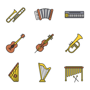 乐器颜色图标设置。长号, 手风琴, mellotron, 吉他, 大提琴, flugelhorn, gusli, 竖琴, 木琴。