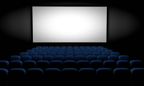 带蓝色座椅和空白屏幕的电影院, 3d 插图