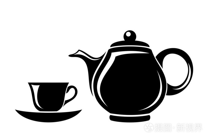 茶壶和杯子的黑色剪影.矢量插画