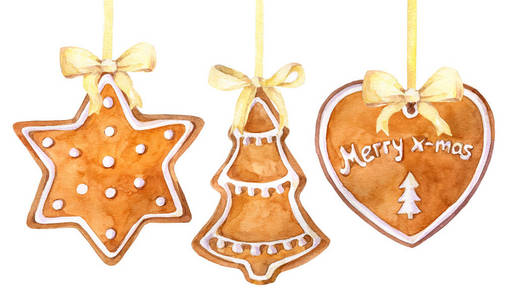 圣诞姜饼饼干挂在白色背景的边界。水彩画手画插图