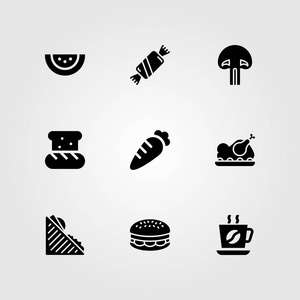 食物和饮料矢量图标集。三明治, 烤鸡肉, 面包和西瓜