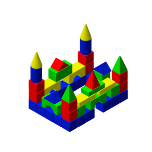 城堡从玩具积木。矢量彩色插图。iso