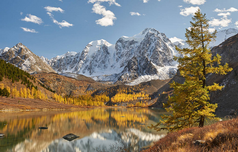 明亮多彩的黄河秋山湖, 俄罗斯, 西伯利亚, 阿尔泰山脉, Chuya 岭