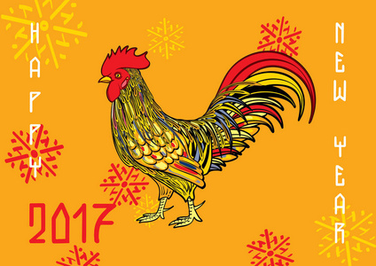圣诞节和新年庆祝卡片与公鸡在橙色背景