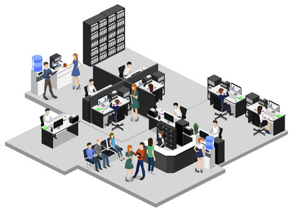 等距向量图平面3d 办公室内部部门概念向量
