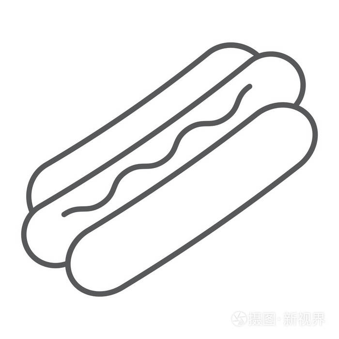 热狗细线图标, 食物和肉类, 快餐标志, 矢量图形, 在白色背景的线性