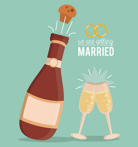 五颜六色的海报, 我们正在结婚香槟瓶与软木炸毁和香槟眼镜