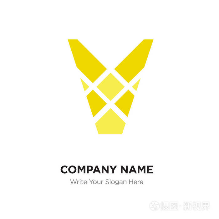 带黄色连接线元素的 v 字母徽标.抽象几何