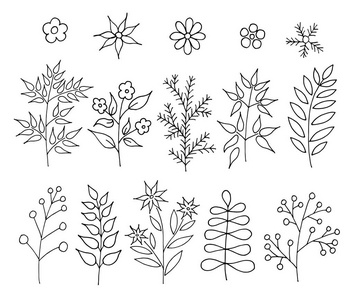一套手工画的涂鸦卡通植物。矢量花卉设计元素
