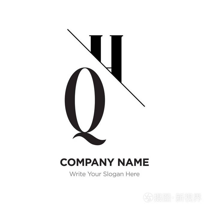 抽象字母qh总部徽标设计模板黑白字母表