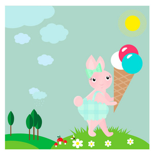 带冰淇淋的可爱小兔子卡片