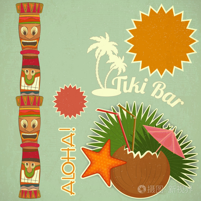 复古夏威夷 tiki 明信片插画-正版商用图片07abbq-摄图新视界