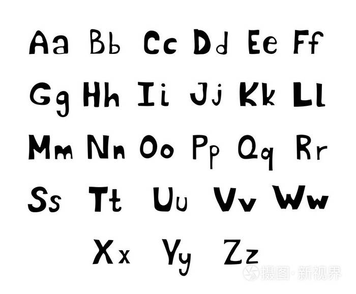 手绘画笔墨水向量 abc 大写和小写字母设置.英文字母表.