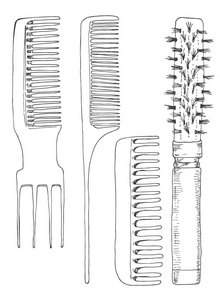 套梳子。理发师配件。草绘标记。矢量