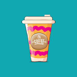 咖啡杯被隔离在绿松石背景。带热咖啡和彩色标签的咖啡纸彩杯