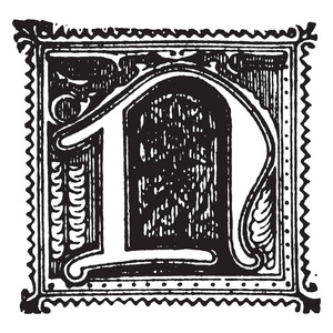 装饰性字母 N, 复古线画或雕刻插图