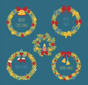 圣诞花环, 装饰元素设置为节日贺卡, 海报设计。矢量插图
