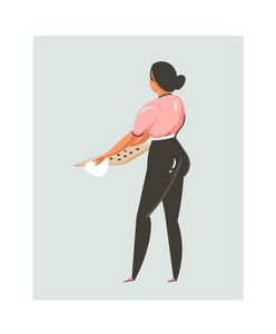 手绘矢量抽象现代卡通烹饪时间有趣的插图图标与烹饪妇女准备曲奇在白色背景下隔离