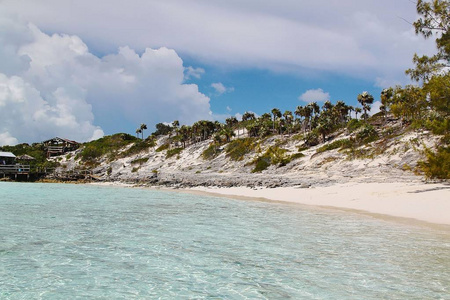 巴哈马的蓝色海洋和白色沙滩。美丽的背景