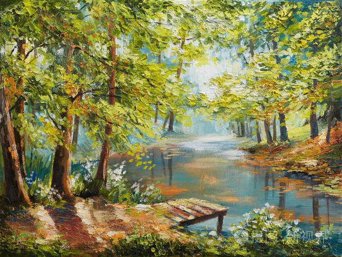 油画风景-秋天的树林,河边,橙叶