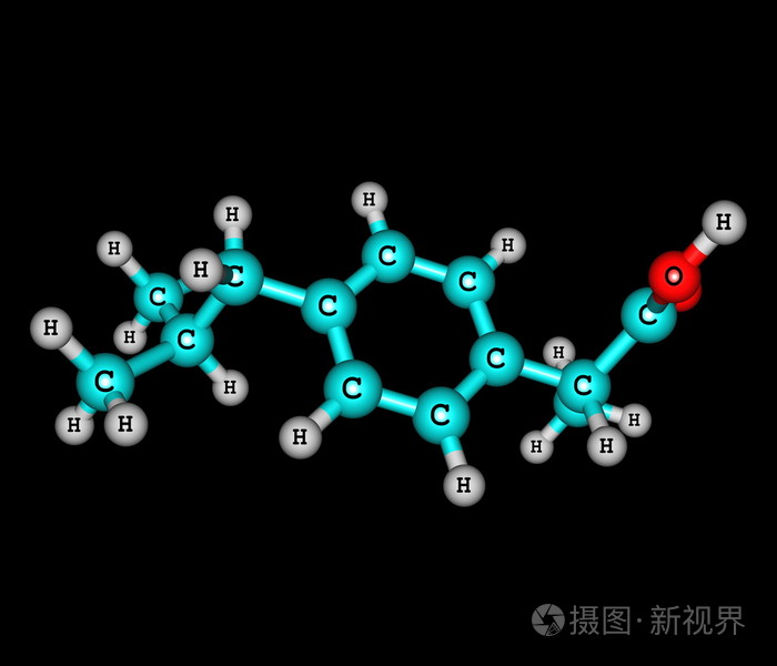 布洛芬分子结构在黑色背景上