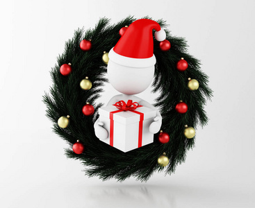 3d 插图。白色的圣诞老人与礼品盒和圣诞装饰。圣诞假期概念