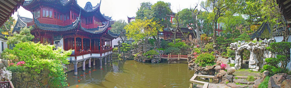 上海一个池塘夏季中国豫园全景图片