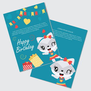 可爱的女孩浣熊和礼品盒矢量卡通插图为快乐的生日贺卡设计, 明信片, 墙纸