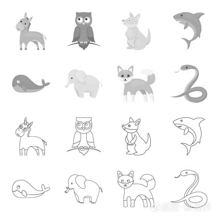 动物集合图标轮廓, 单色样式矢量符号股票插画网站