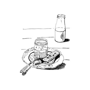 手绘图形素描与果酱罐子, 勺子, 瓶子和面包