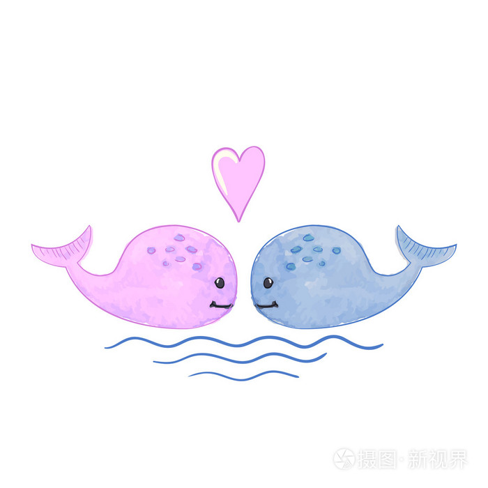 心与波浪的可爱的卡通鲸鱼的水彩插图矢量