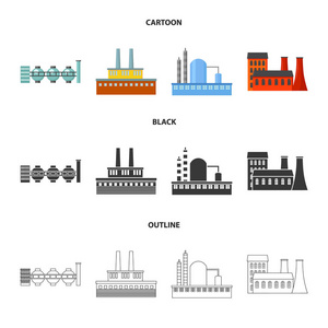 工业生产。工厂集合图标在卡通, 黑色, 轮廓风格矢量符号股票插画网站