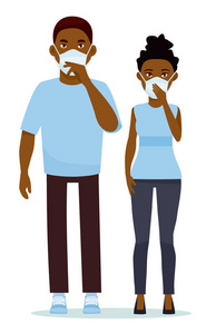 非洲夫妇戴着口罩对抗白色背景。卡通矢量插画。平面卡通插图