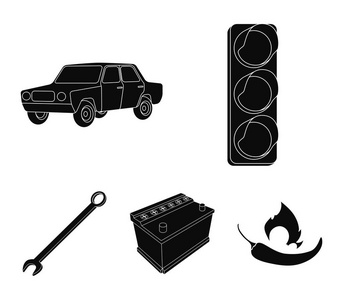 交通灯，那辆旧车，电池，扳手，汽车中的黑色风格矢量符号股票图 web 设置集合图标
