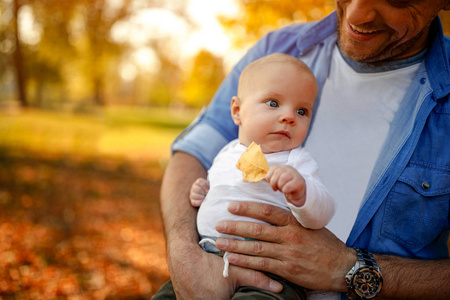 年轻的家庭在秋天公园享受, 可爱的婴孩男孩和父亲