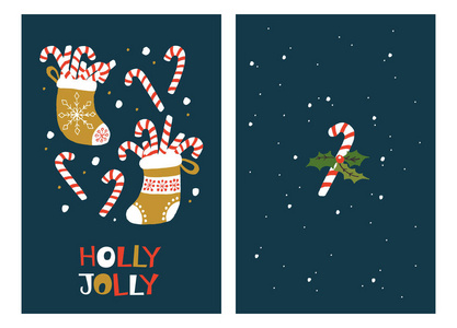 圣诞贺卡与糖果手杖。圣诞冬季海报收藏