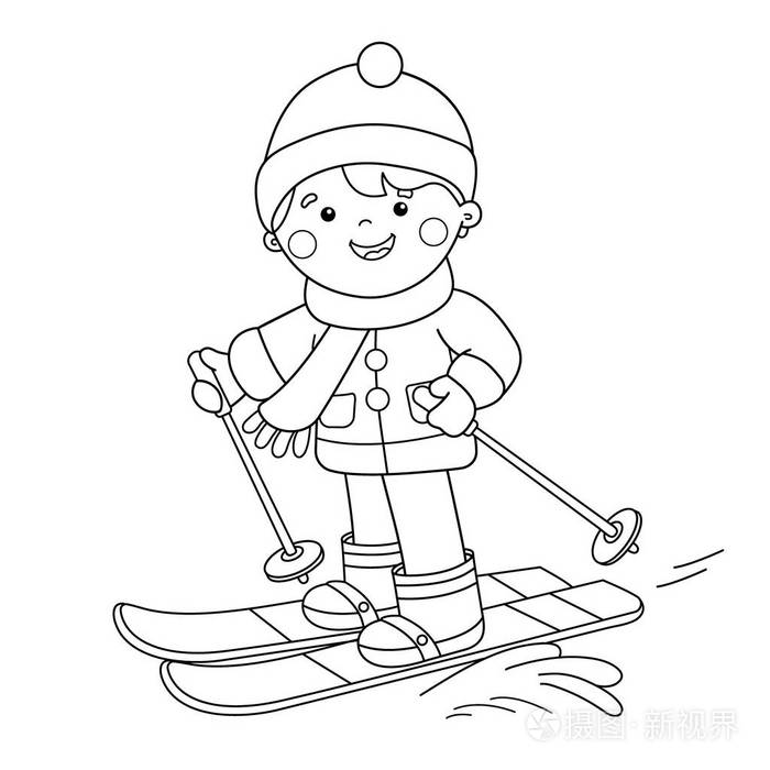 着色页轮廓的卡通男孩滑雪.冬季运动.着色书为孩子