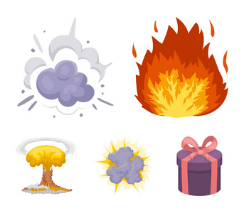 火焰, 火花, 氢气碎片, 原子或气体爆炸。爆炸集合图标在卡通风格矢量符号股票插画网站