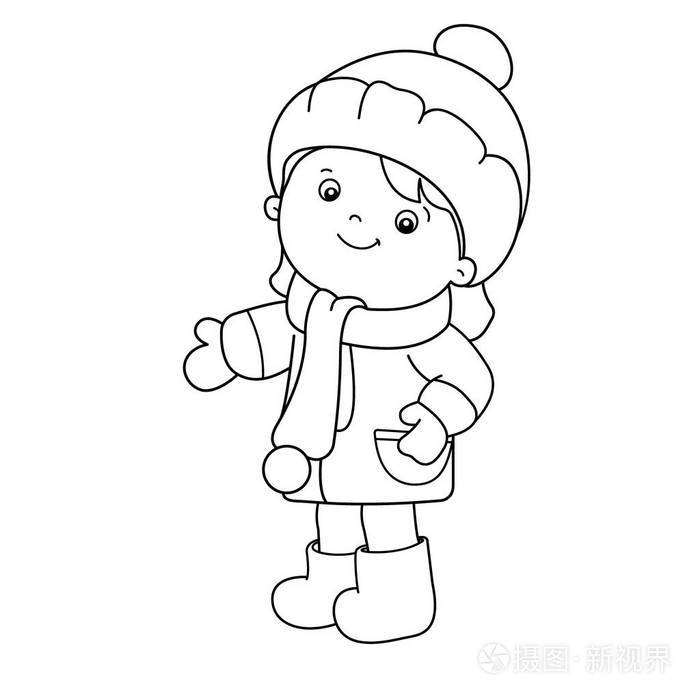着色页轮廓的卡通女孩冬天着色书为孩子