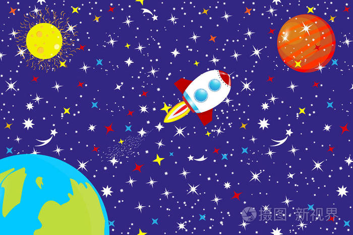 宇宙的星空.在恒星,行星地球和恒星之间太空中的宇宙飞船飞向火星.