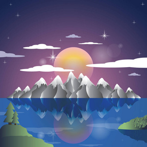 阿尔卑斯山水夕阳卡通插画背景。山脉向量