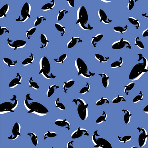 蓝色背景下的大海鱼图案。鲸鱼无缝饰品