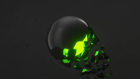 在黑色背景上和下落的片断的被断裂的黑球形与绿色发光。破坏的概念。抽象3d 渲染插图