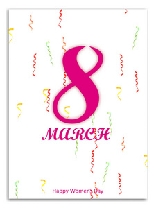 3月8日。国际妇女节。母亲节快乐。数字8与丝带文本和五彩纸屑背景。矢量插图