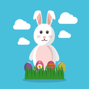 复活节兔子在草地和云层上装饰鸡蛋