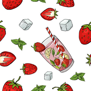 冰薄荷玻璃杯中草莓饮料的无缝模式