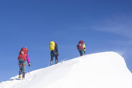 一群登山爬到白雪皑皑的山顶