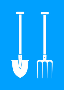 白色的铁锹和蓝色背景的草叉