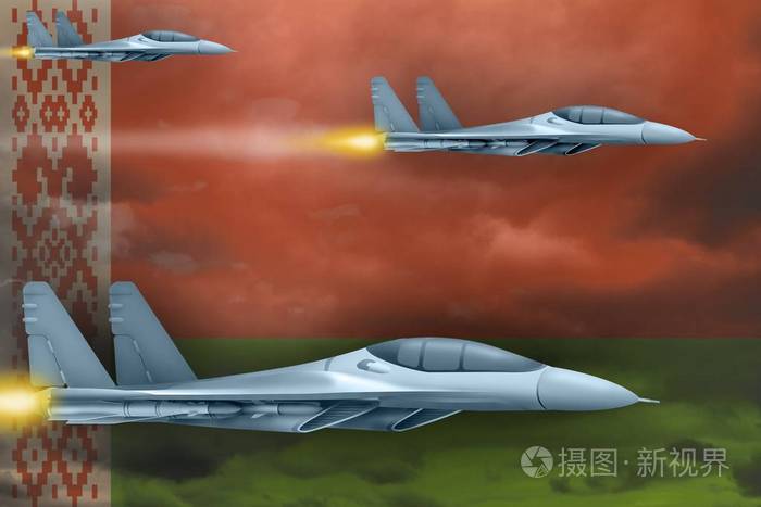 白俄罗斯空袭的概念.现代战争飞机攻击在白俄罗斯旗子背景.3d 插图